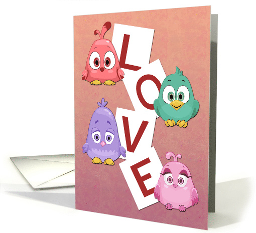 Cute Cartoon Birds with Love Spelled Out for Valentines Day card