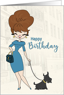 Sassy Woman in Blue Dress Walking a Dog for Birthday card