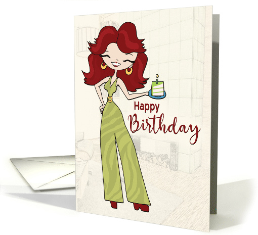 Woman in Retro Jumpsuit with Piece of Birthday cake for Birthday card