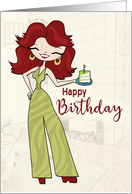 Woman in Retro Jumpsuit with Piece of Birthday cake for Birthday card