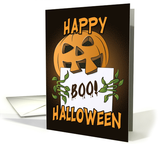 Pumpkin Holding Boo Sign for Happy Halloween card (1530436)