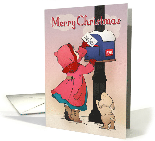 Girl Mailing a Dear Santa Letter with Puppy for Vintage Christmas card