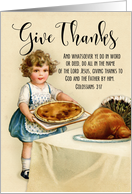 Little Girl with Pie and Turkey for Vintage Thanksgiving card