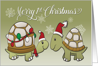Two Turtles with Santa Hat for Merry 1st Christmas card