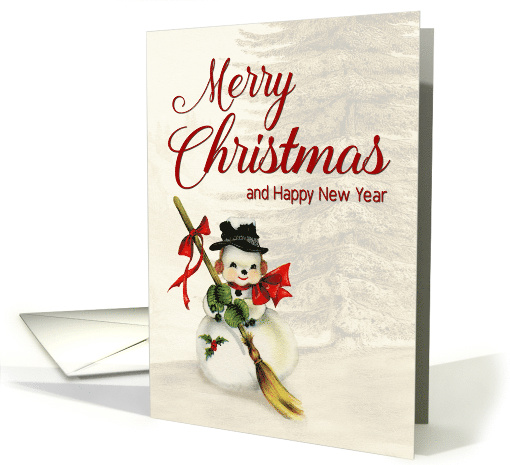 Vintage Snowman with Broom and Large Pine Tree for Christmas card
