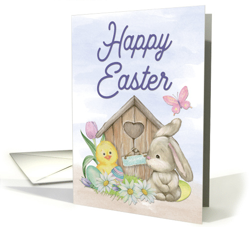Watercolor Duck and Bunny with House and Butterfly for Easter card