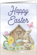 Watercolor Duck and Bunny with House and Butterfly for Easter card