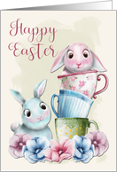 Bunny in Teacups with Blue Bunny and Flowers for Happy Easter card