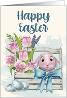 Bunny in a Crate with Tulips and Eggs for Happy Easter card