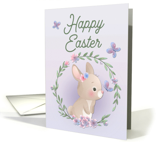 Brown Bunny with Floral Frame and Butterflies for Happy Easter card