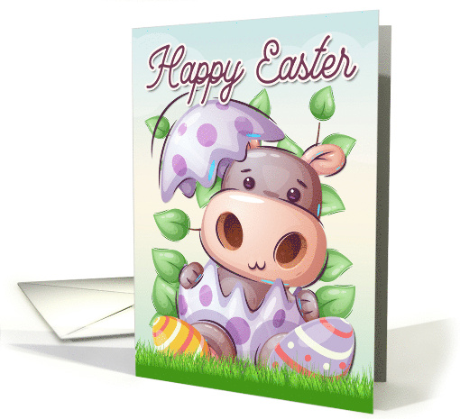 Hippo in a Easter Egg with Leaves and Grass for Happy Easter card