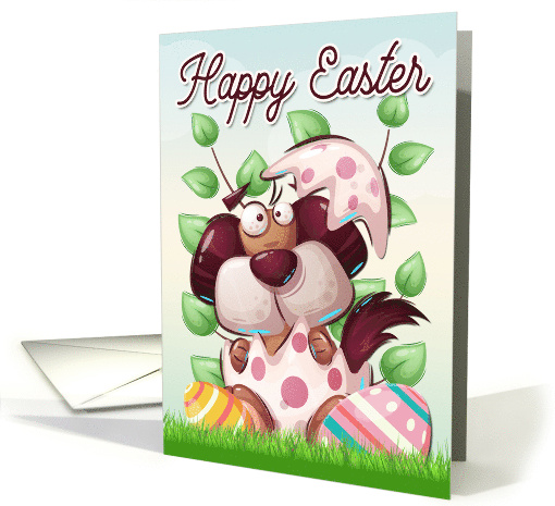 Doggie in a Easter Egg with Leaves and Grass for Happy Easter card