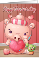 Pig Holding Heart with Cactus for Happy Valentines Day card