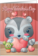 Racoon Holding Heart with Cactus for Happy Valentines Day card