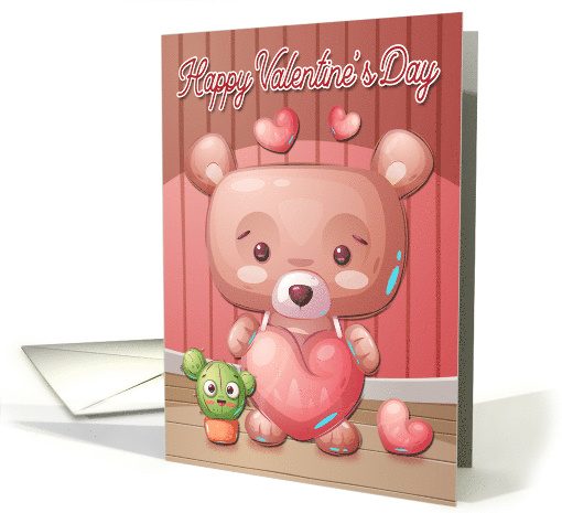 Bear Holding Heart with Cactus for Happy Valentines Day card