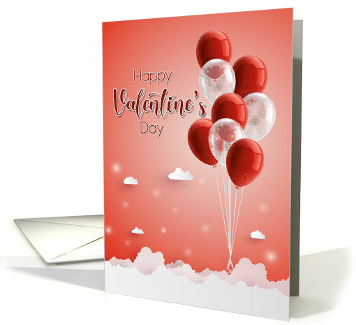 Red and White Balloons in Clouds for Happy Valentines Day card
