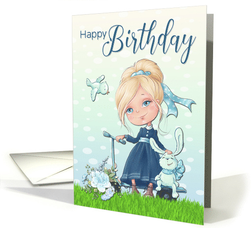 Little Girl with Scooter and Rabbit for Happy Birthday card (1663476)