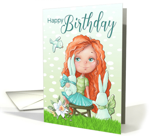 Little Girl with Baby Bird and Rabbits for Happy Birthday card