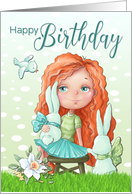 Little Girl with Baby Bird and Rabbits for Happy Birthday card
