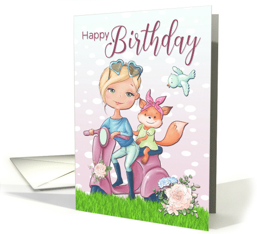 Girl on Moped with Baby Fox and Flower for Happy Birthday card