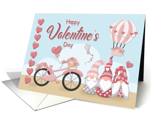 Gnomes with Bike and Heart Air Balloon for Happy Valentines Day card