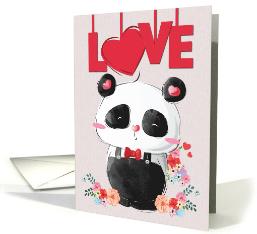 Cute Panda with Flowers and Hearts for Happy Valentines Day card