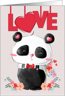 Cute Panda with Flowers and Hearts for Happy Valentines Day card