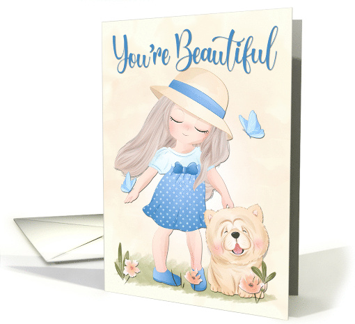 Sweet Girl in Blue Dress and Chow Puppy for Encouragement card