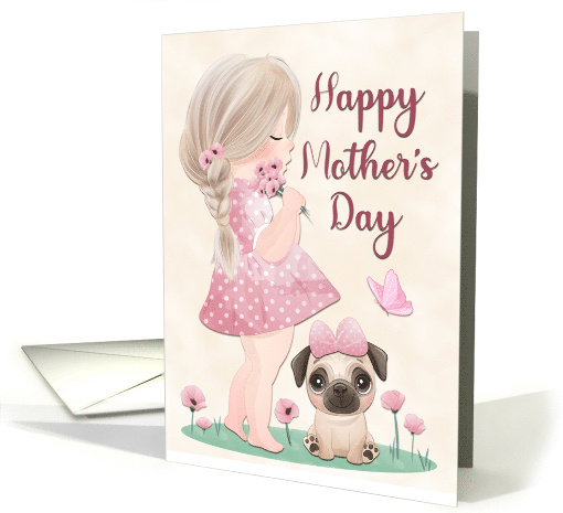 Girl in Pink Dress and Pug Puppy for Mothers Day card (1669276)