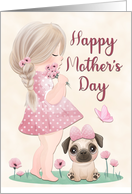 Girl in Pink Dress and Pug Puppy for Mothers Day card