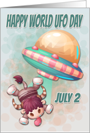 Happy World UFO Day with Spaceship and Cow card