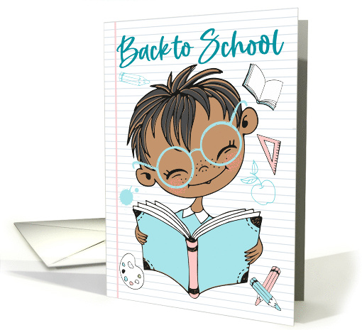 Boy Reading Book with School Supplies for Back to School card