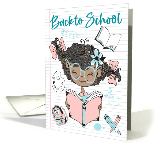 Girl Reading Book with School Supplies for Back to School card