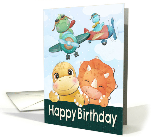 Little Dinos in Planes and Smiling for Happy Birthday card (1681836)