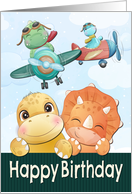 Little Dinos in Planes and Smiling for Happy Birthday card