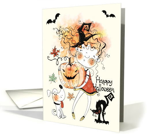 Watercolor Girl with Dog and Black Cat for Halloween card (1685656)