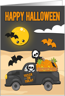 Skeletons and Truck with Bats for Happy Halloween card