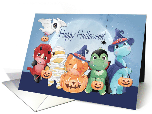 Costumed Dinosaurs Trick or Treating with Full Moon for Halloween card