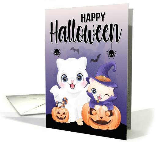 Costumed Kitties with Pumpkins and Spiders for Halloween card