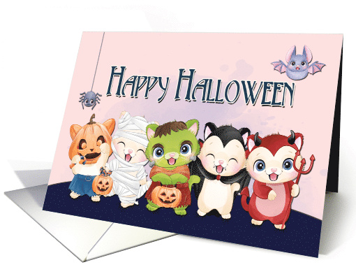 Group of Kittens in Costume with Bat and Spider for Halloween card