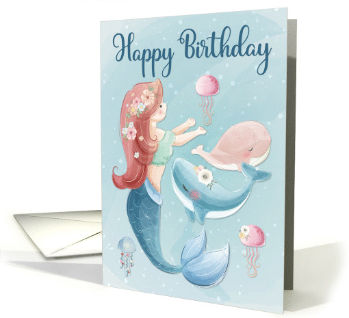 Mermaid with Whales and Jelly Fish for Happy Birthday card (1687228)