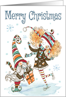 Merry Christmas with Watercolor Girl on Ice Skates and Christmas Gnome card