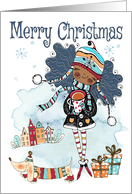 Merry Christmas with Watercolor African American Girl and Dog card