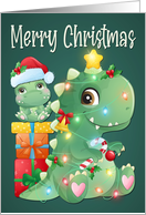 Green Dino with Baby and Christmas Lights and Presents Merry Christmas card