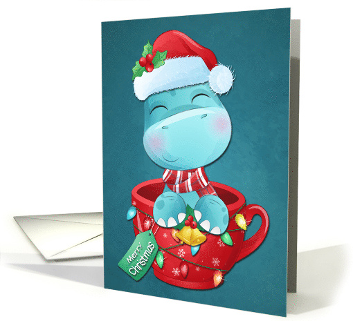 Cute Blue Dinosaur in Cup with Santa Hat for Merry Christmas card