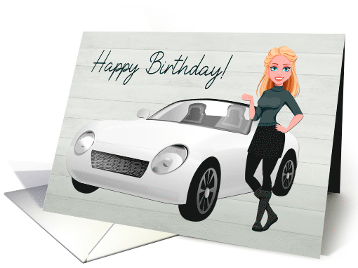 Pretty Blond Lady with White Sports Car for Happy Birthday card
