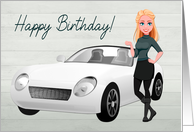 Pretty Blond Lady with White Sports Car for Happy Birthday card