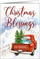 Red Truck with Christmas Trees and Presents for Christmas Blessings card