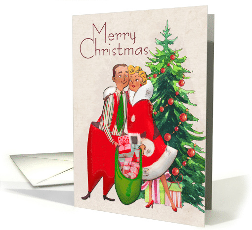 Retro Couple in Santa Suit with Christmas Trees and Presents card