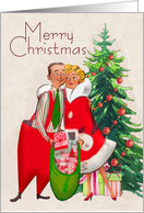 Retro Couple in Santa Suit with Christmas Trees and Presents card